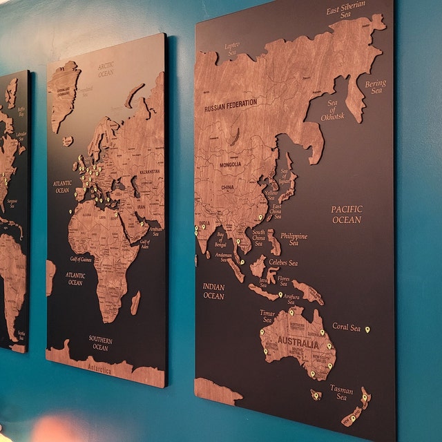 木製世界地図ウォールアート、プッシュピン旅行世界地図、大型