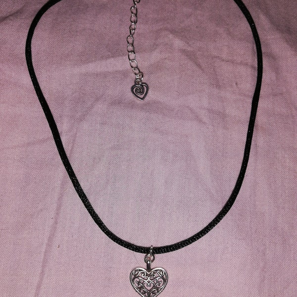 Silver Lace Heart Choker Necklace - 90s Black Cord Choker - Etsy