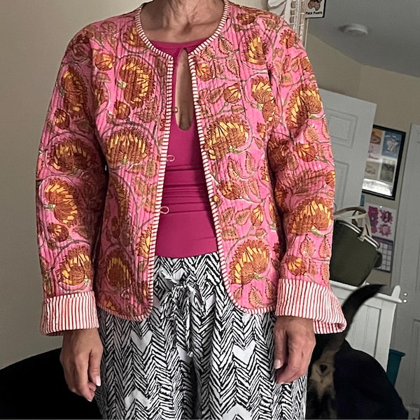 New women's pink printed patchwork cotton coat loose cotton coat main image 1