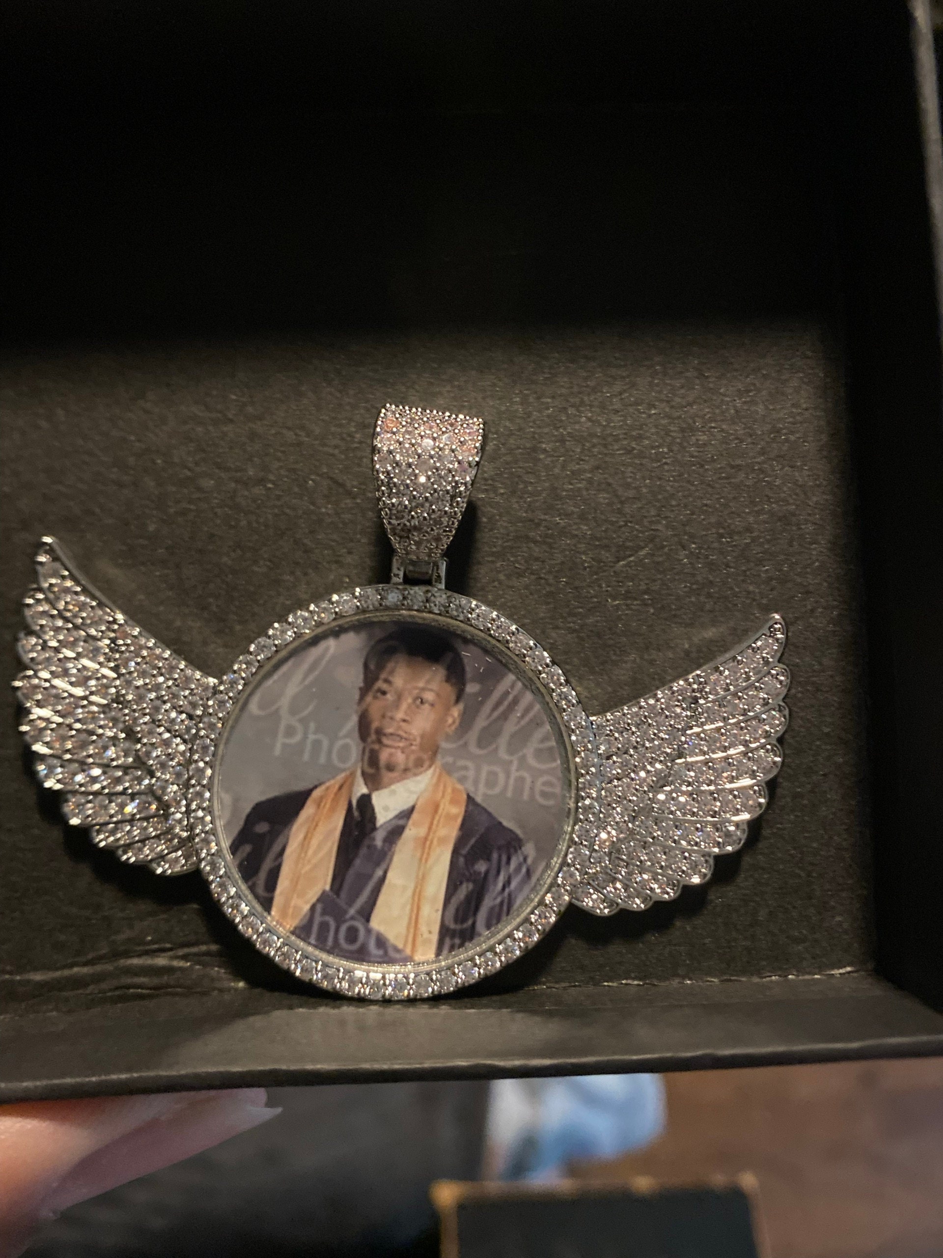Personalized Diamond Studded Angel Wings Photo Necklace, Photo Necklace, Hip Hop Photo Pendant, Iced Custom Round Photo Pendant