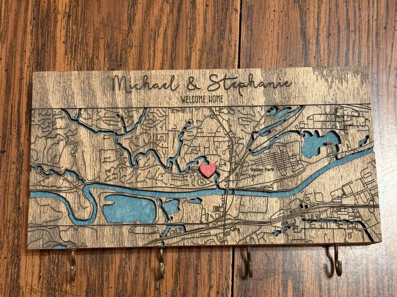 Personalized Key Holder For Wall, Custom Coordinates/City Map, Key Rack with Hooks, Housewarming Gifts for Couples, Map Entryway Organizer