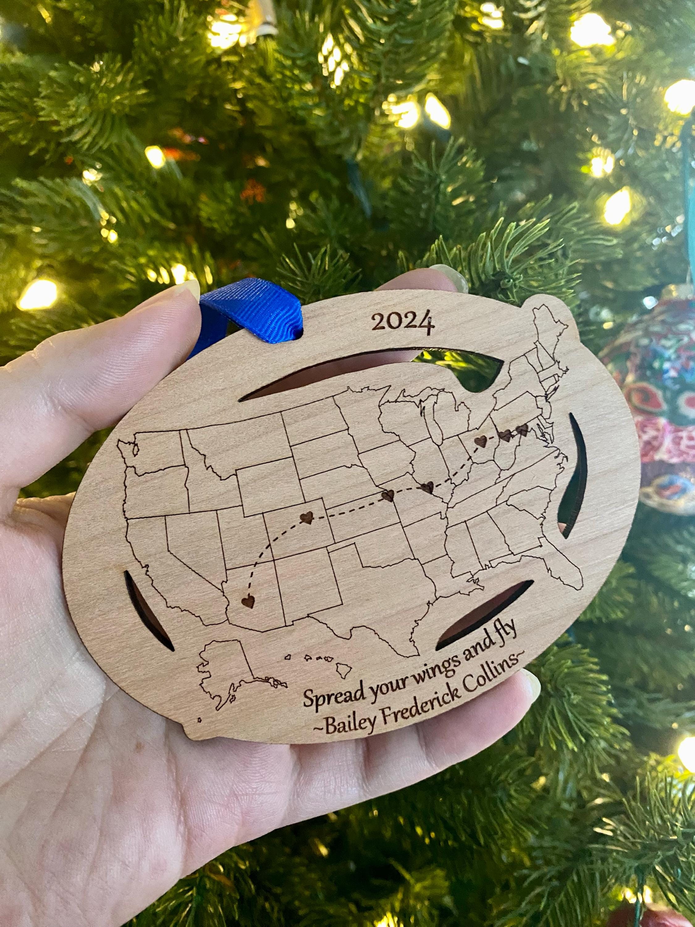 Custom Text and Cities US Map ornament, Road Trip Travel Ornament, long distance relationship, 50 state marathons
