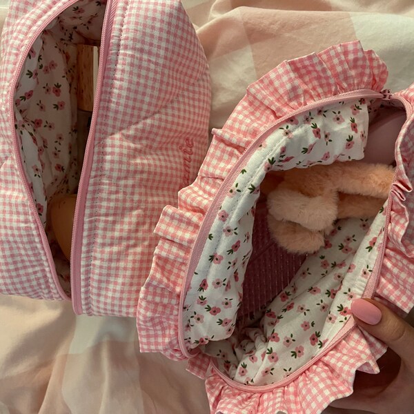 Light Pink Gingham Print Ruffle Trim Makeup Bag