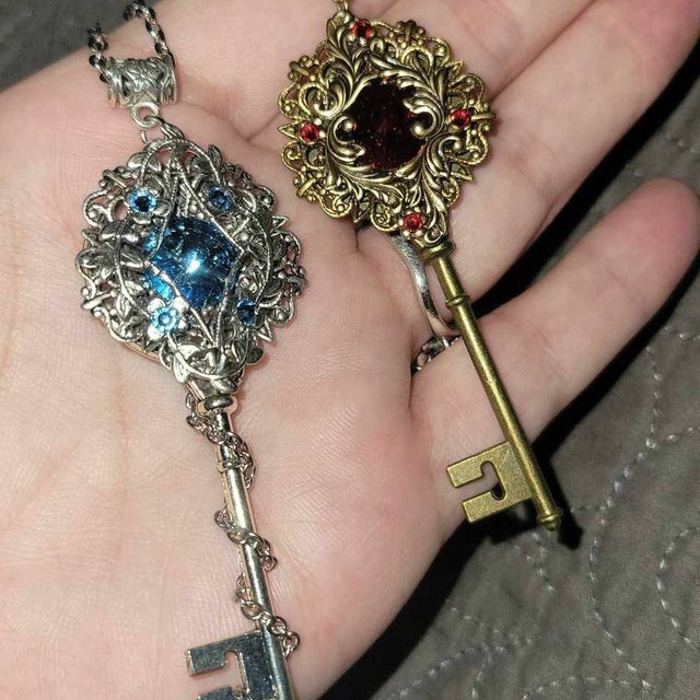 Vintage Elven Floral Key Necklace With Scarlet Swarovski