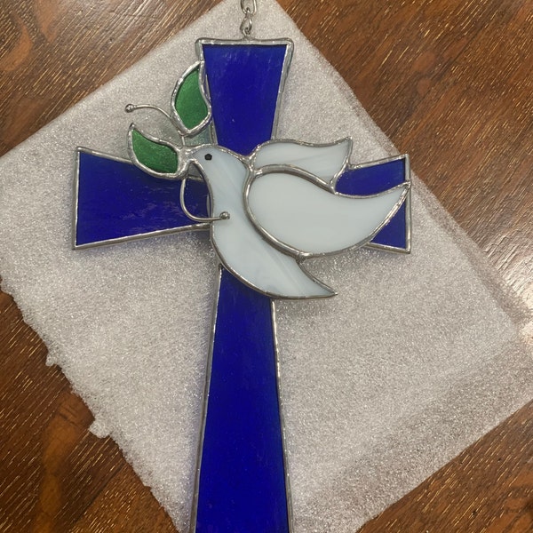 Large Stained Glass Cross / Dove and Cross /religious Glass Art / Cross ...