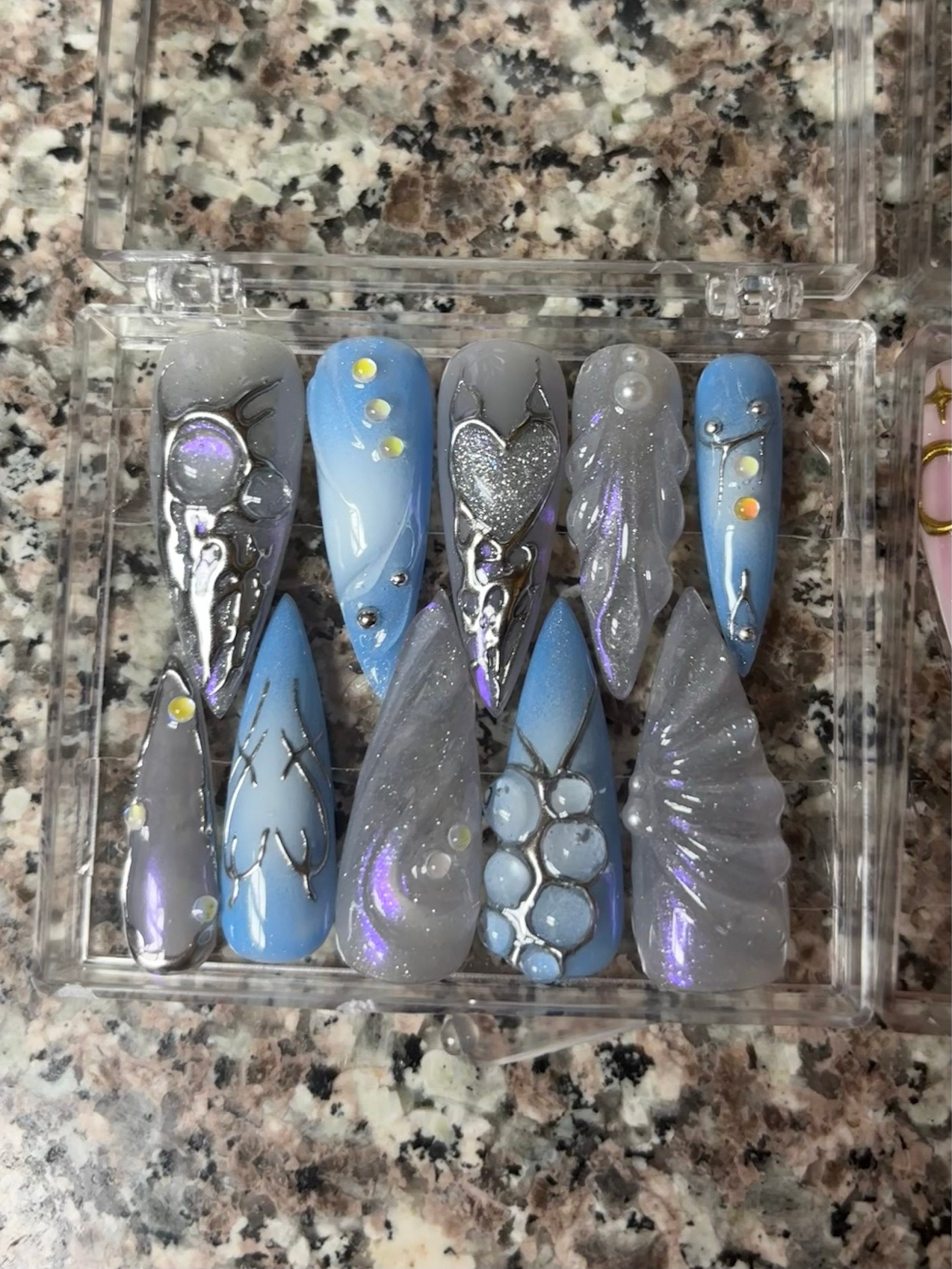 Free Style Blue Mermaid Almond Press On Nails, Handpainted Fake/False Nails, Prom/Event/Birthday Nails, Goth/Gothic/Y2K/Aura Nai