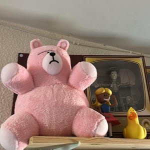 トイ・ストーリー（1995年）をモチーフにしたピンクのクマのぬいぐるみ