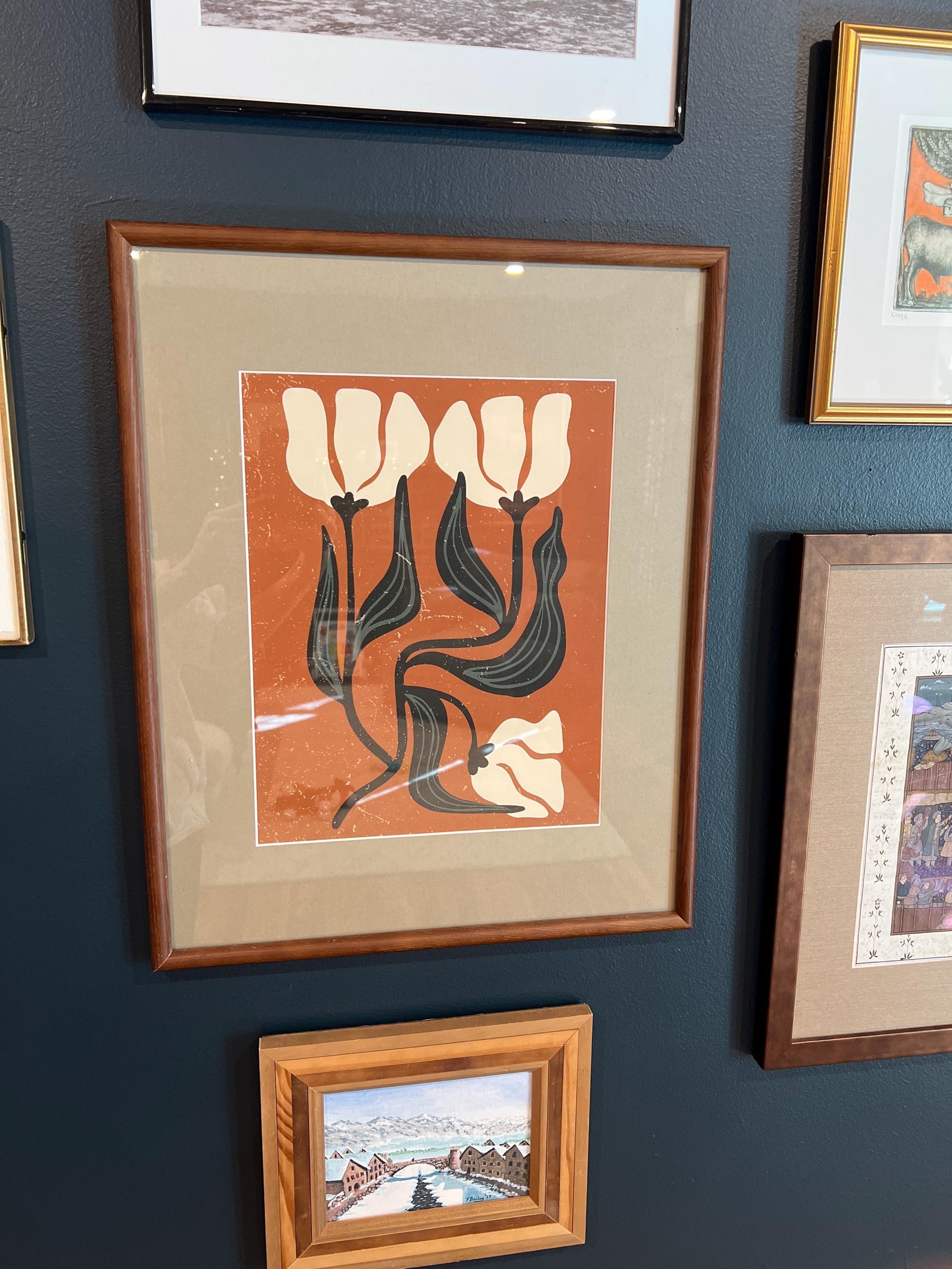 Floral Print of Abstract Tulips in Retro 70s and Mid-Century Modern Style, with Earthy Tones for Bold Vintage-Inspired Wall Decor.