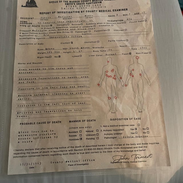 Halloween - Judith Myers Autopsy Report - Horror Movie Replica
