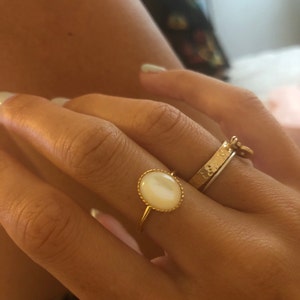 Bague Ajustable En Laiton Doré à L'Or Fin Avec Pierre Onyx Noir - Neuf, Fait Main En France