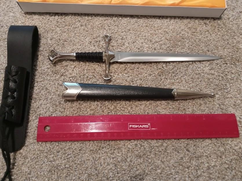 14&quot; Anduril Dagger with Sheath and Leather Frog. Short Sword, Knife Scabbard for Renaissance, Cosplay, Pirate, Medieval, Halloween, Birthday