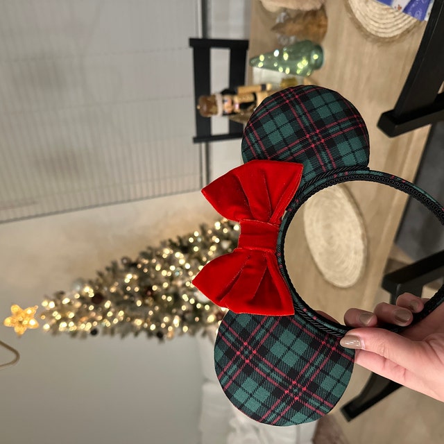 Christmas Green Plaid & Red Velvet Bow Inspired Mouse Ears  display picture 1