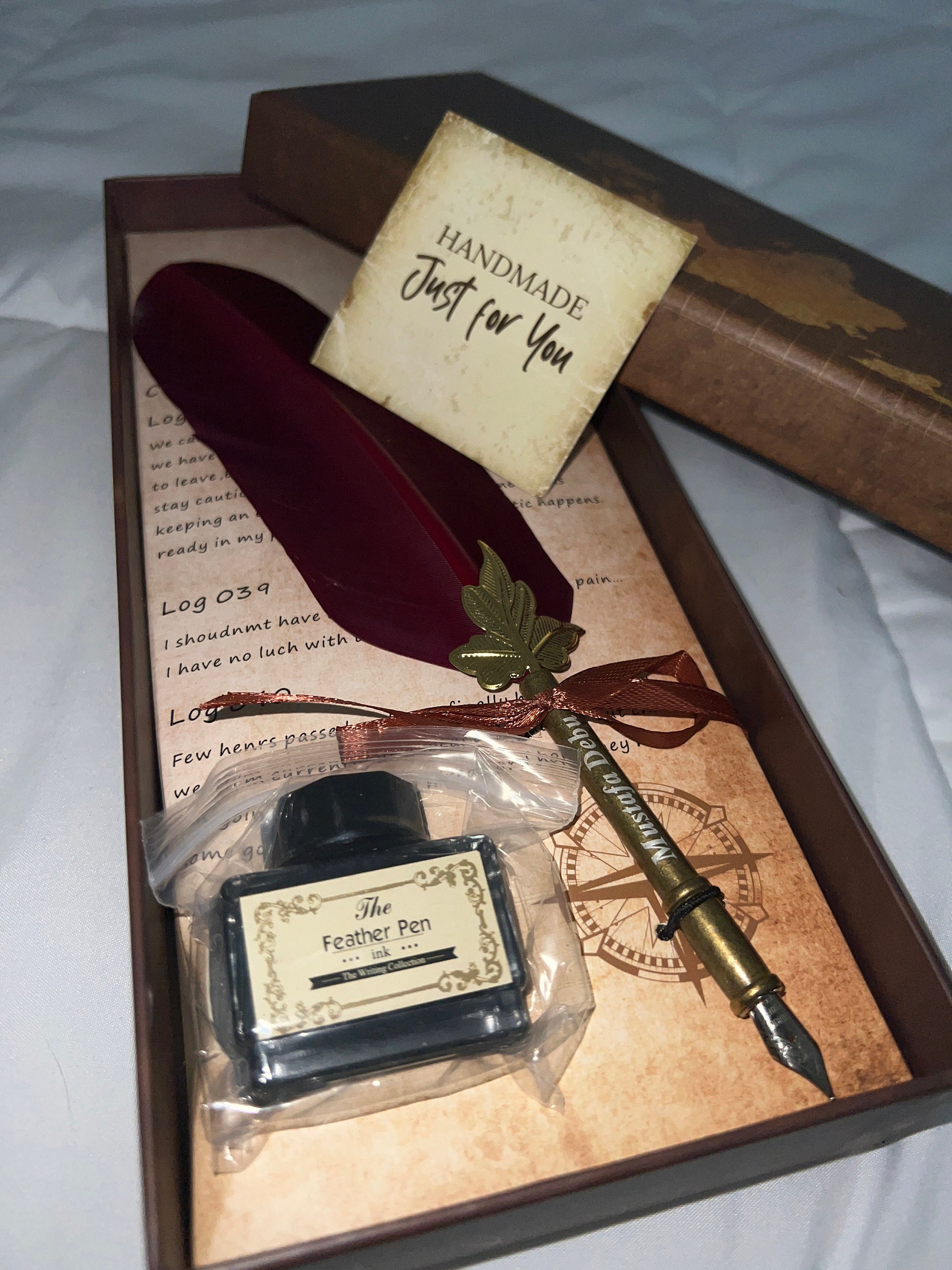 Customized Classic Elegant Feather Pen Antique Vintage Red Quill Pen and Black Ink Set in Gift Box Gifts for Artists and Writers