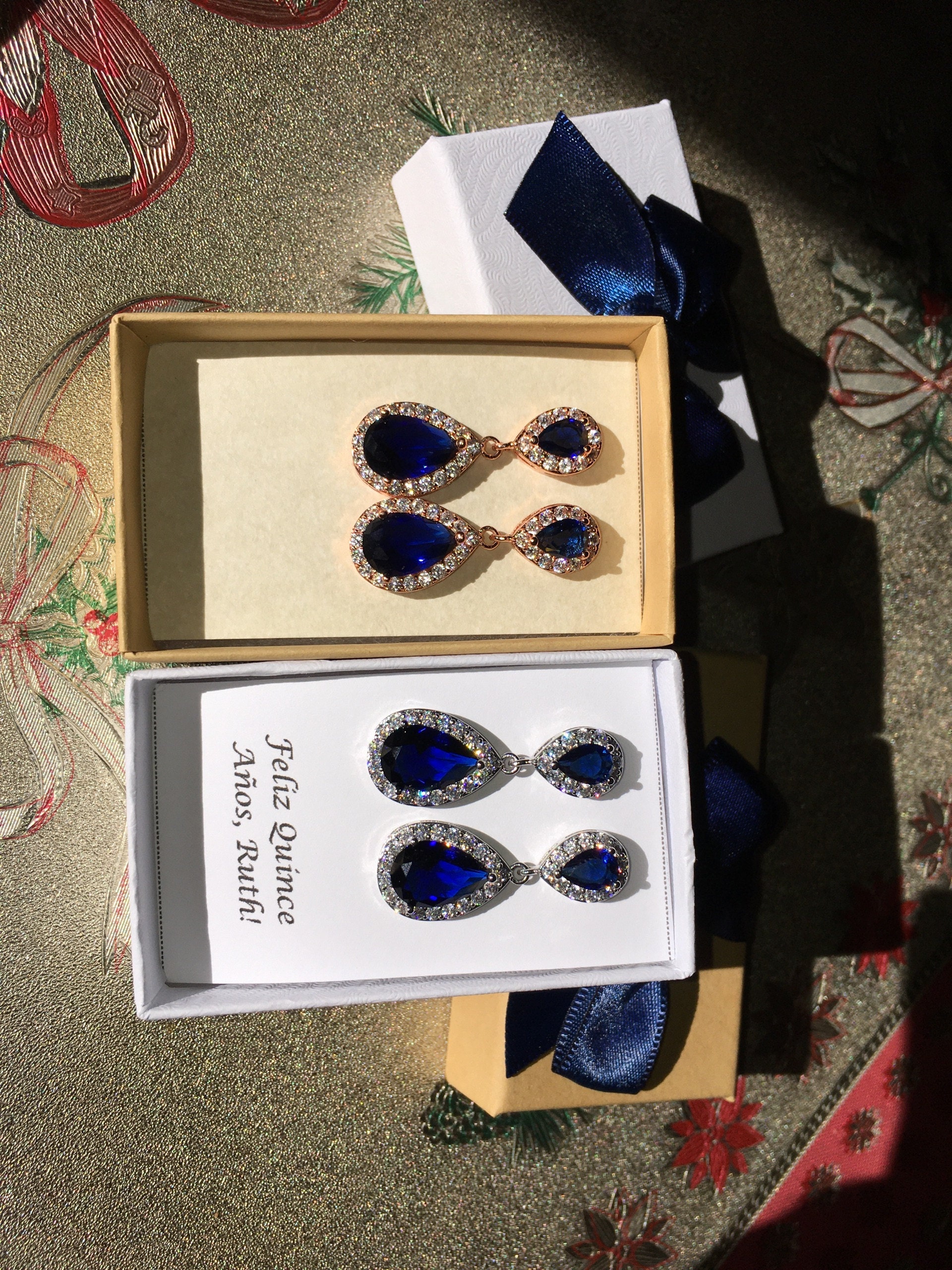Bridal party bracelet earrings set Navy tear drop cubic zirconia earrings, Blue bridesmaid gift set, Navy blue earrings XY1