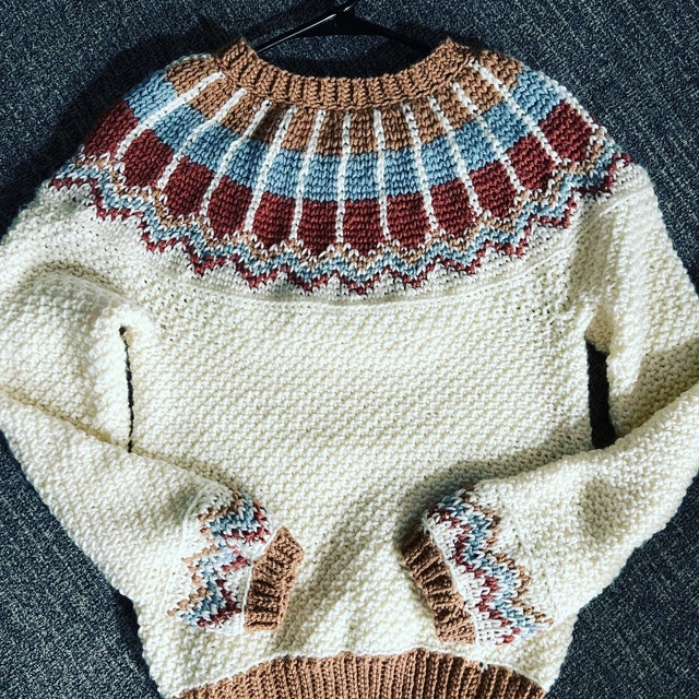 A customer's finished Traveler Fair Isle Sweater Crochet Pattern + Video