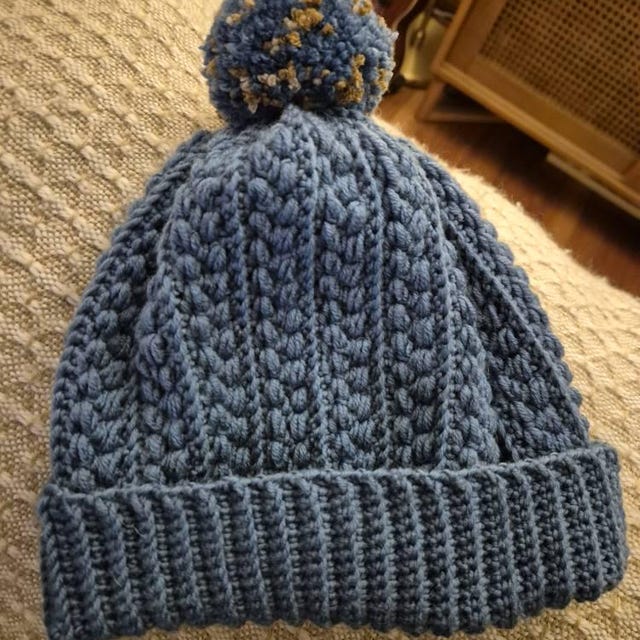 A customer's finished Snowy Wheat Stitch Puff Crochet Beanie Pattern