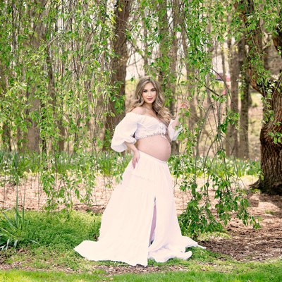 Detachable Neck Ruffles Tulle Long Train Maternity Dress for Photo Shoot Flowing Beach Dresses for Photoshoot Sunnderly SY231056