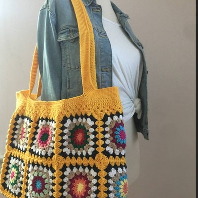Yellow Crochet Bag, Granny Square Bag, Beach Bag, Crochet Tote Bag ...
