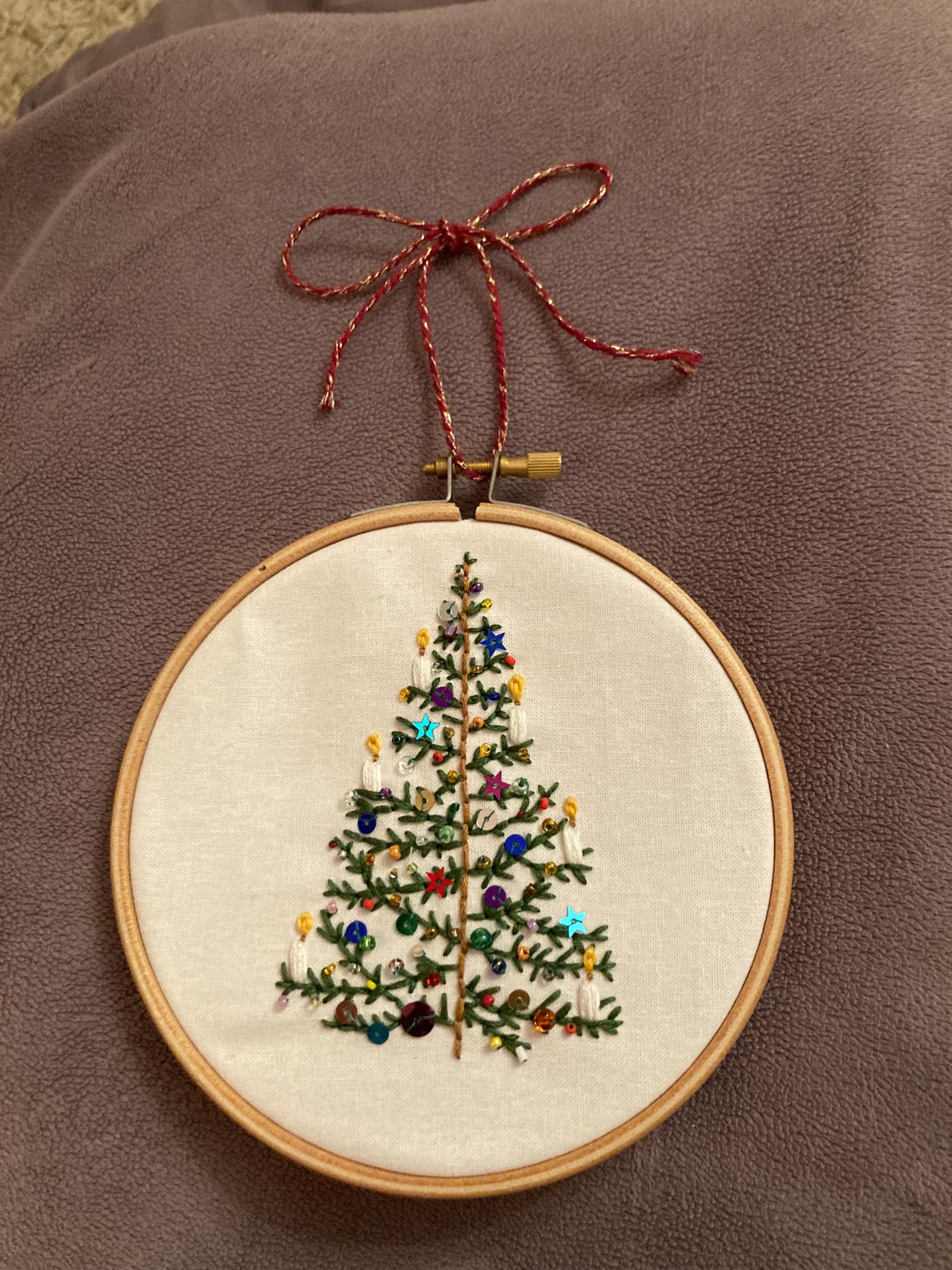 Christmas Light: Festive Embroidery Kit. Simple Christmas tree design with beads sequins, easy modern craft. Add a festive gift set.