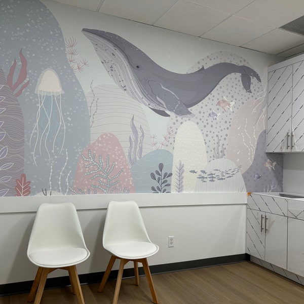 Blue Whale Wallpaper Ocean Motif Nursery Decor Removable Flying Whale ...