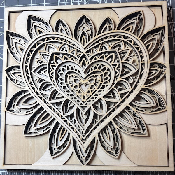 Heart Mandala Layered SVG | Love Laser Cut File | 3D Wooden Floral Wall ...