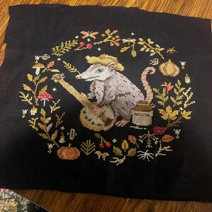 Whimsical Opossum Cross Stitch Pattern: Fall Floral Wreath (PDF