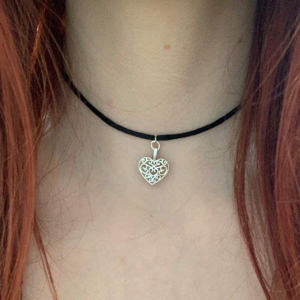Silver Lace Heart Choker Necklace - 90s Black Cord Choker - Etsy