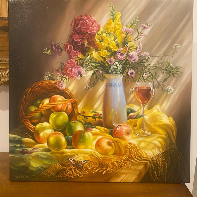 リンゴの静物画、花の静物画、オリジナル静物画、晴れた静物画