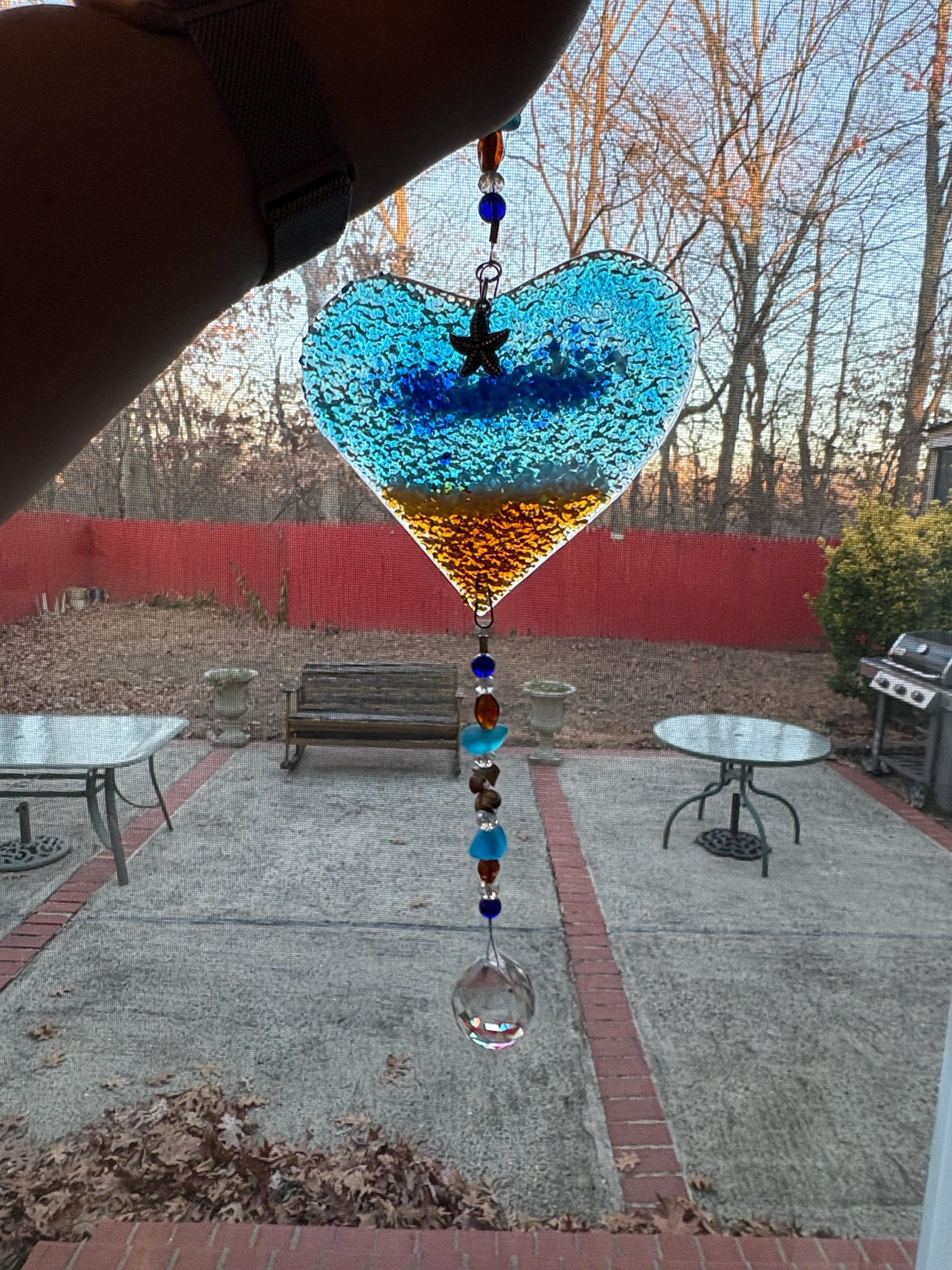 Best Seller-Ocean Suncatcher Heart-Beach Glass-Seashells-Glass Prism-Starfish-Coastal Decor-Gift for Her-Handmade Fused Glass Art