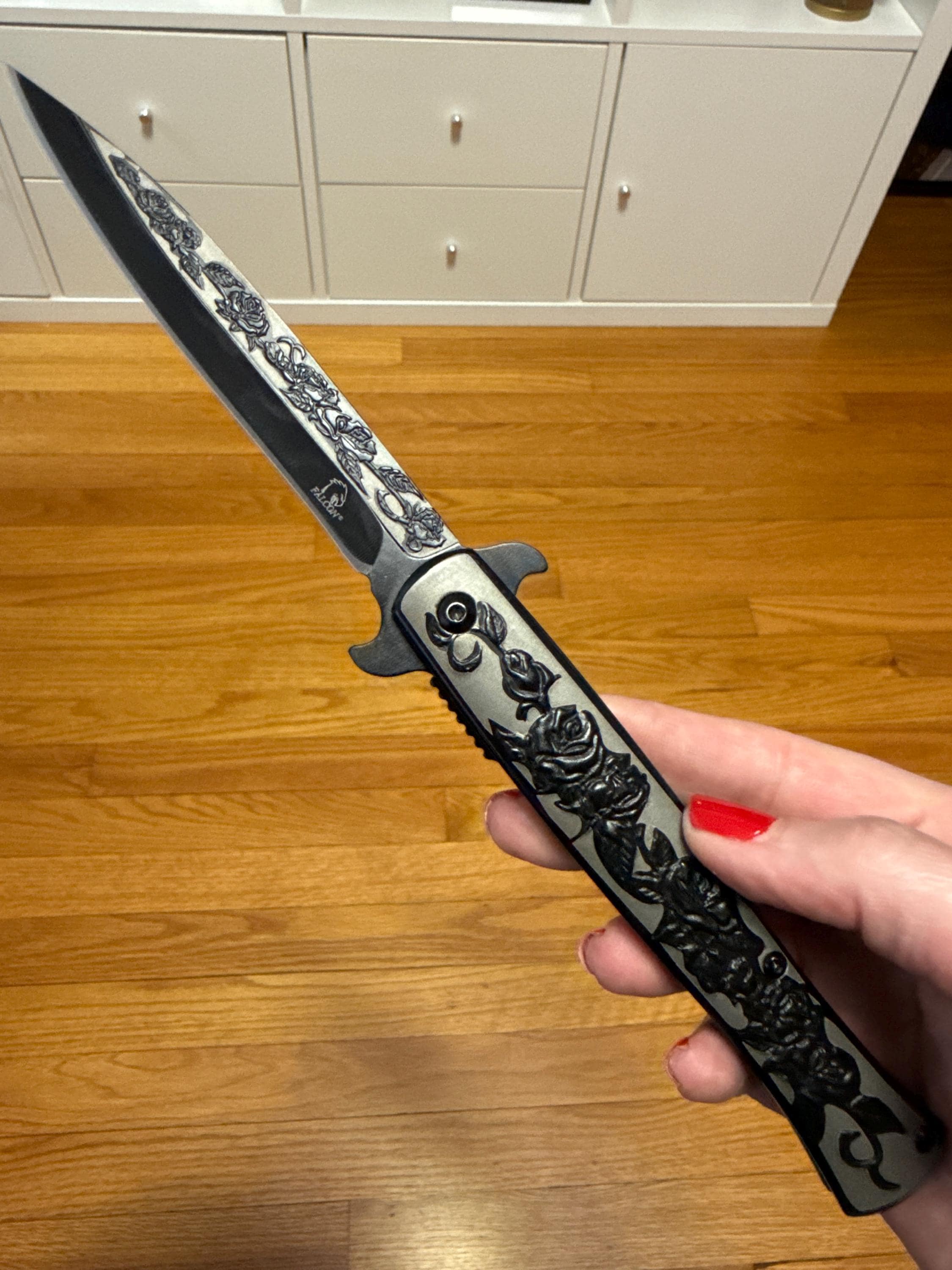 9” Black Rose Engraved Cute Spring Assisted Open Blade Folding Pocket Knife. Hunting, Camping, Cute Knife. Cool Knife.