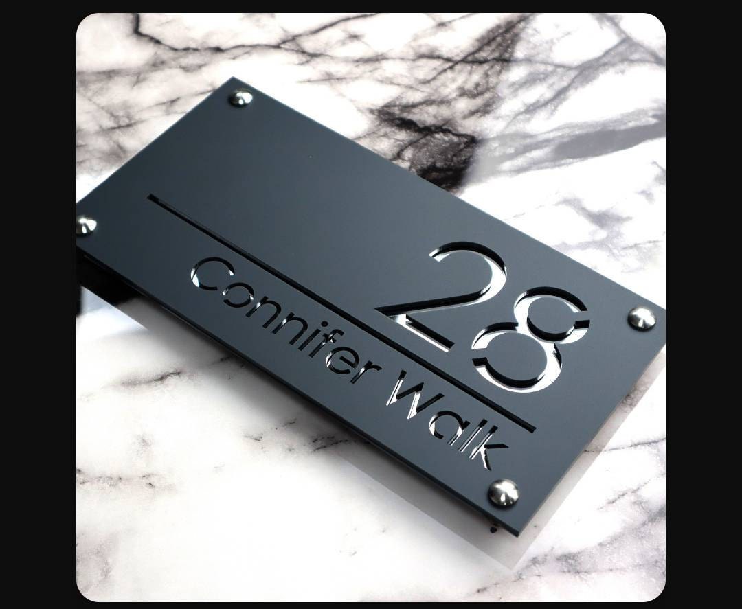 House Wall Plaques UK | Luxe A4 | Precision Laser Cut Acrylic House Number Sign | Matt Gray Anthracite & Silver Mirror | 280mm x 140mm
