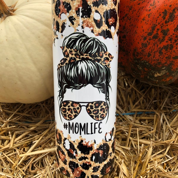 20 OZ Glitter Leopard Mom Life Messy Bun Skinny Tumbler Design ...