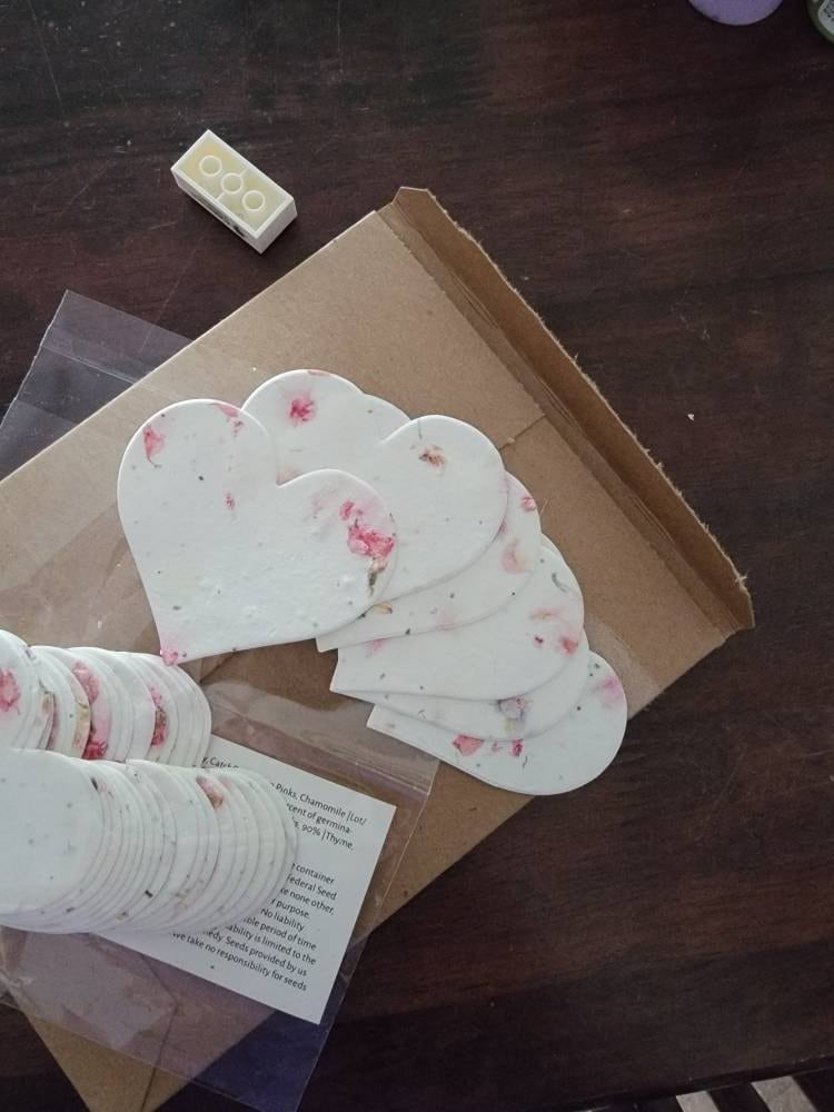 Large Recycled Fiber Seed Paper Hearts 2.85&quot;w x 2.5&quot;h Wildflower Natural Recycled Fibers #17s for Weddings or Events set of 24