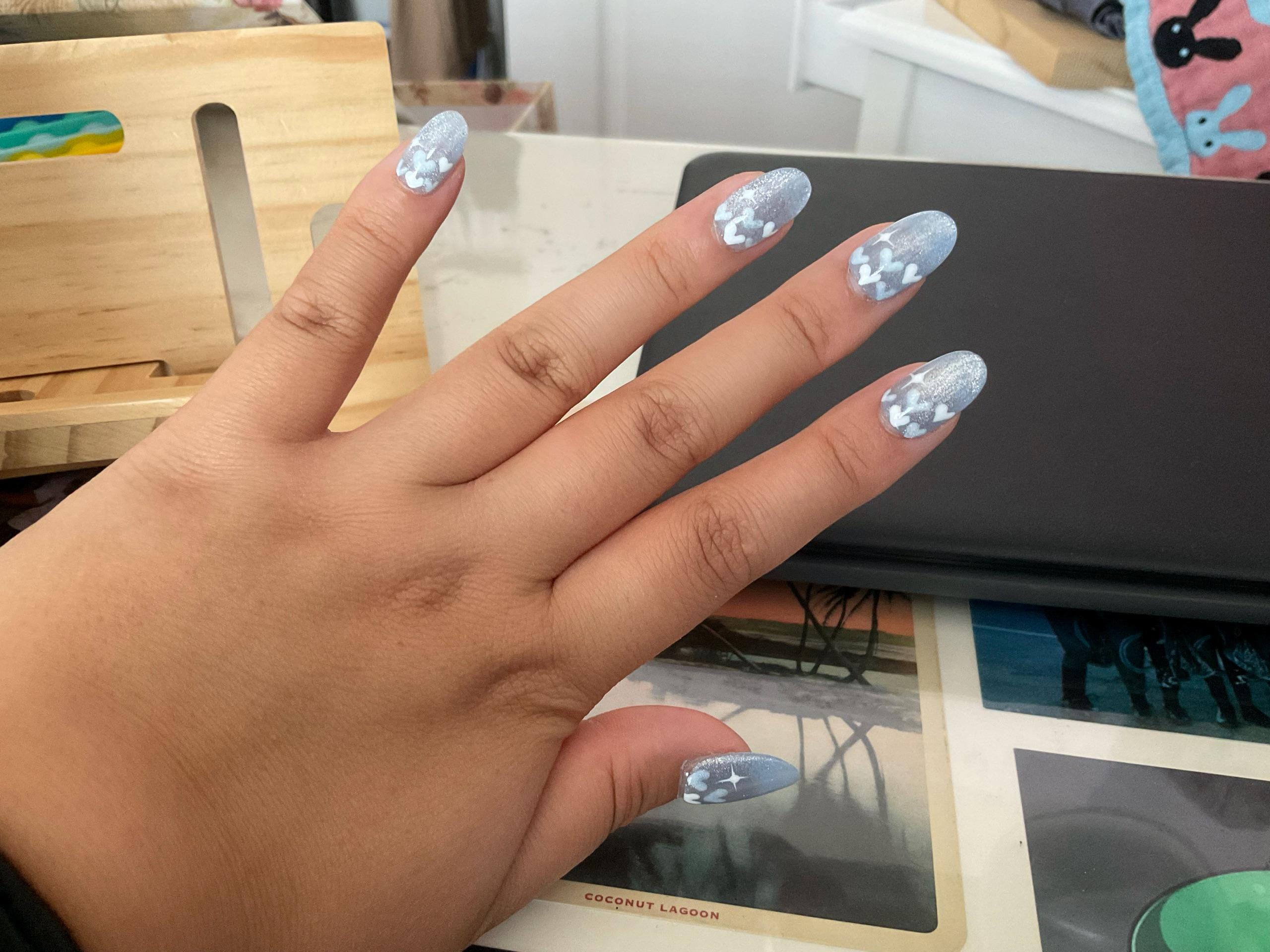 New Version | Short Baby Blue Reflective Cat Eye Little Heart Press On Nails | Gel Nails | Heart Nails | Cat Eye Nails | lmz142