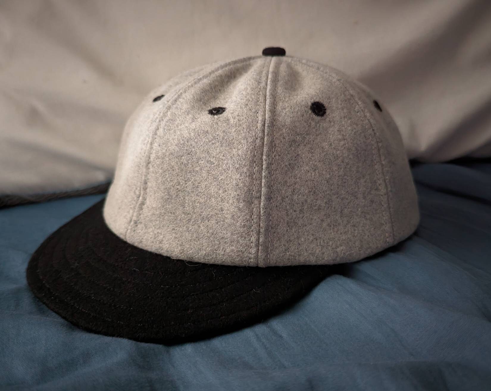 Light Grey Melton wool 8 panel baseball cap with navy soutache