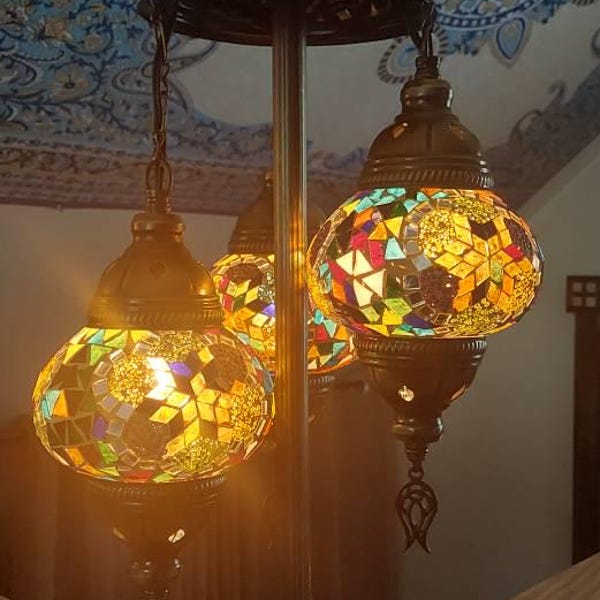 Turkish Ceiling Lighting, Turkish Pendant Lamp, 5 Globe Mosaic Hanging Lamp, Moroccan