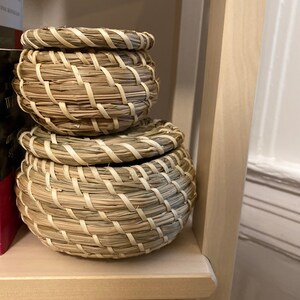 3 cestas de almacenamiento tejidas a mano con tapas, cestas de mimbre,  pequeñas y redondas, de pasto marítimo, cesta de almacenamiento de  escritorio