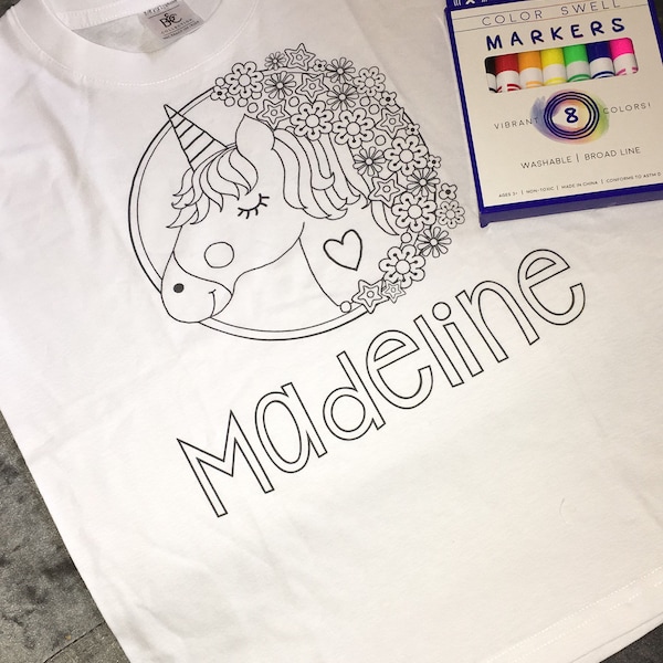 Personalised Unicorn Colouring T-shirt - ANY NAME - Washable Colour Me ...