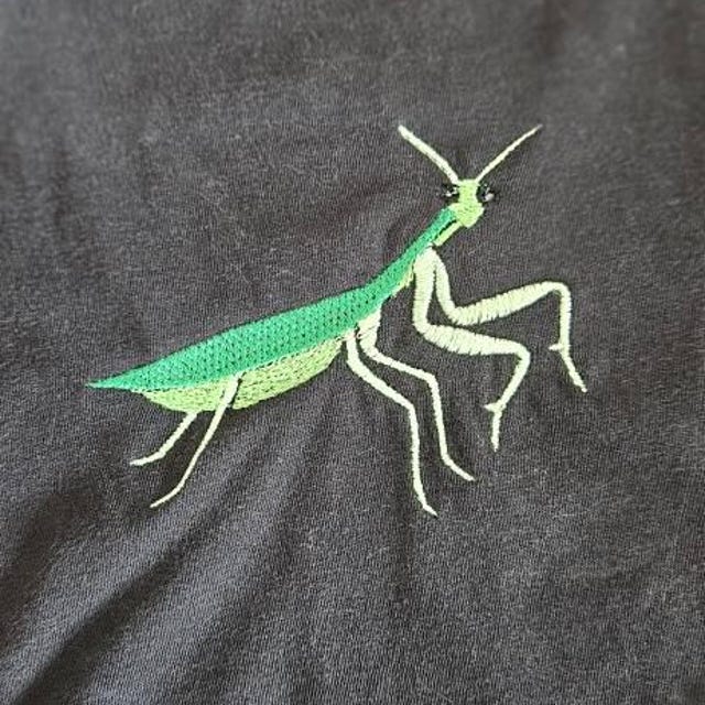 カマキリ図案　珍しい柄　共箱付き カマキリのデジタル刺繍デザイン。刺繍機で刺しゅうできるモダンな昆虫