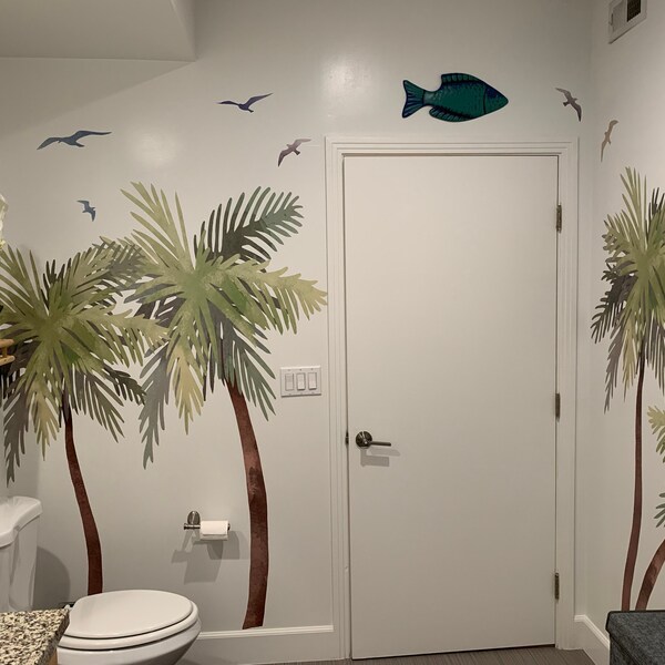 Palm Tree Watercolor Wall Decal - Beach House Tropical Sticker, 72 Tall, Seagulls Included, Matte Finish 5 thumbnail image