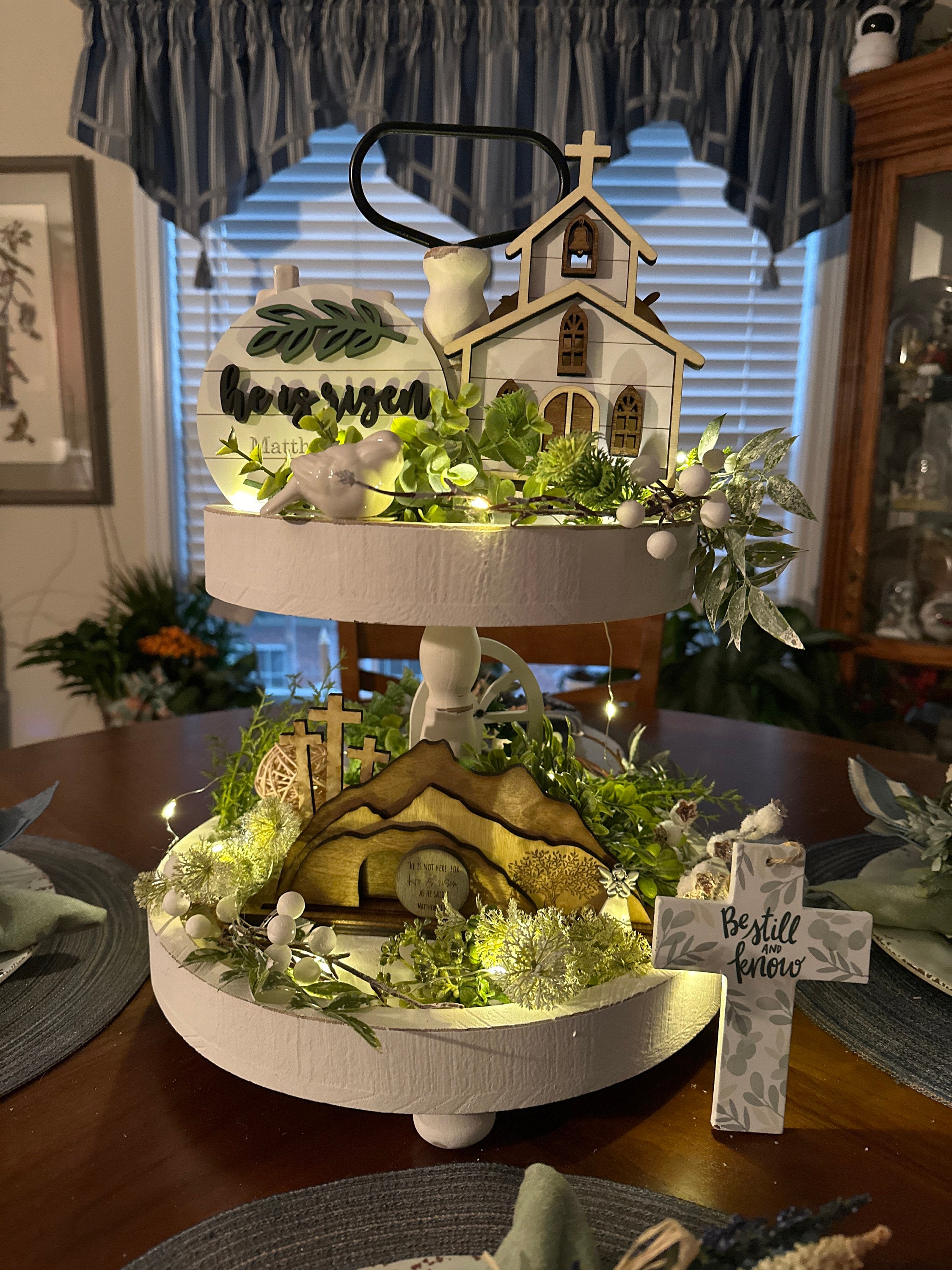 Empty Tomb &quot;He is Risen&quot; Decoration with Cross and Olive Tree, Religious, Christian, Easter Display, Easter Tomb, Laser Cut