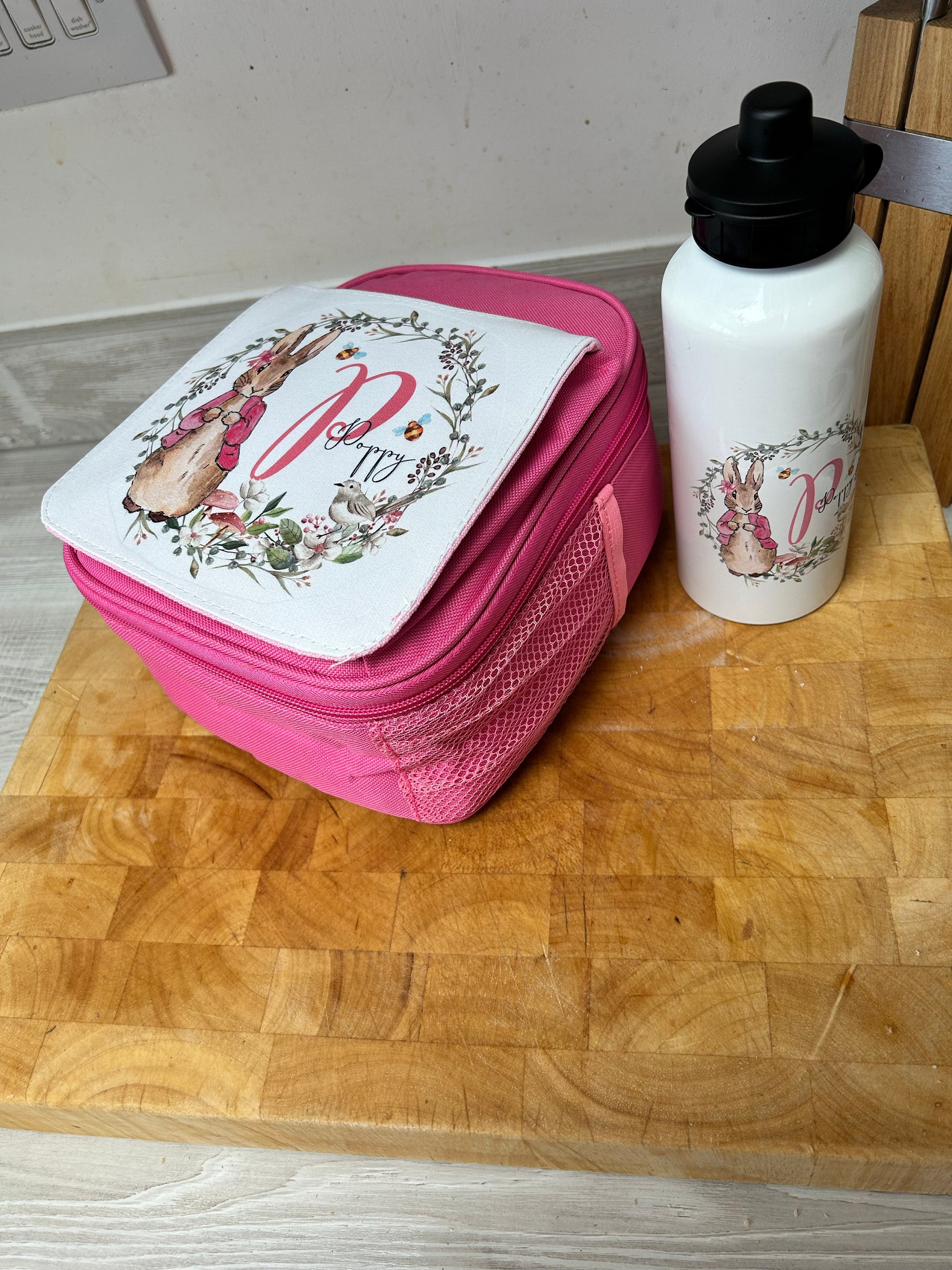 Back To School Pink Rabbit Lunch Bag Water Bottle Girls Personalised Lunch Bag Pink Bunny Girls School Insulated Kids Lunch Box