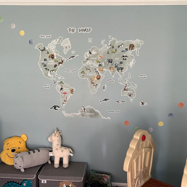 Animal World Map Wall Sticker | Kids World Map Decal | World Map Wall ...
