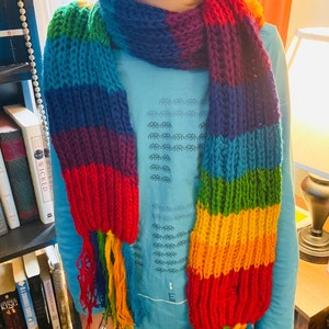 Rainbow Scarf Pure Wool Hand Knit Boho Style With Fringes - Etsy