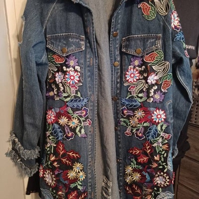 Streetwear Vintage Floral Embroidery Oversize Denim Jeans Jacket Freyed ...