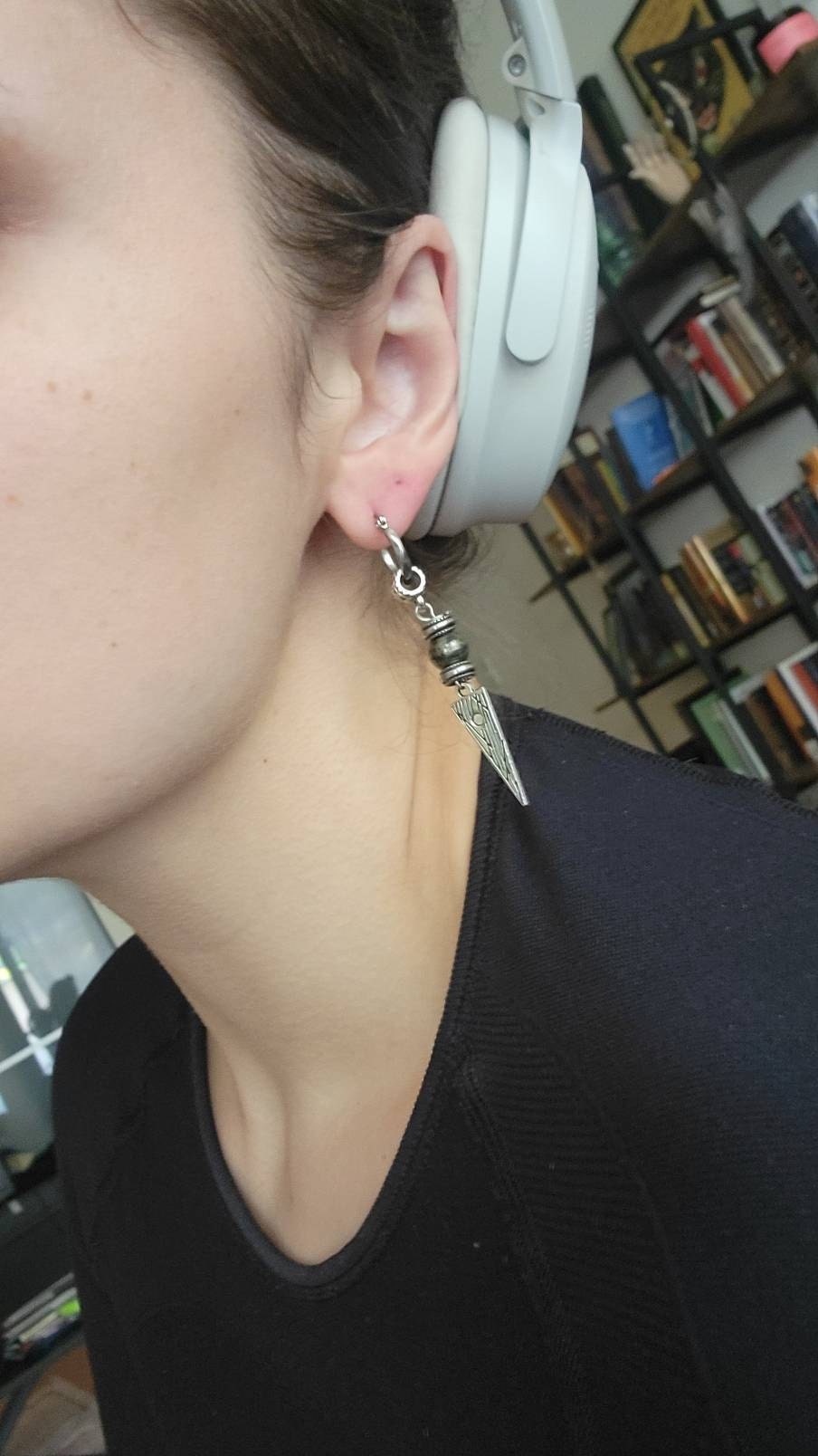 Long Dangle Triangle Gemstone Mens Earring- Stainless Steel Drop Earring For Men- Beaded Modern Pirate Hoop Earring- Silver Spike Earring