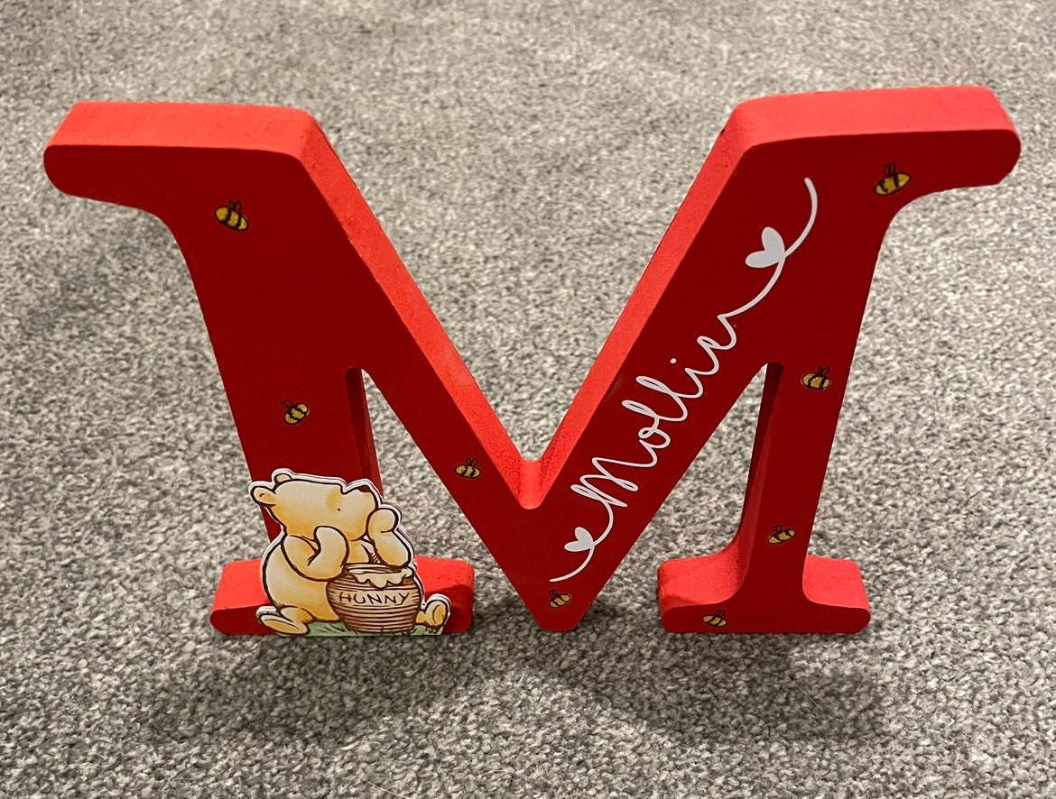 Personalized Wooden Letter, Handmade Wooden Freestanding Winnie the Pooh Letter Name, New Baby Gift Nursery Bedroom Decor Shelfie