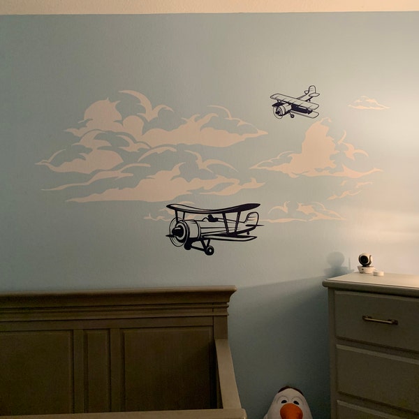 Airplane Decal, Biplane Decal, Cloud Decal, Boys Nursery Wall Decal ...