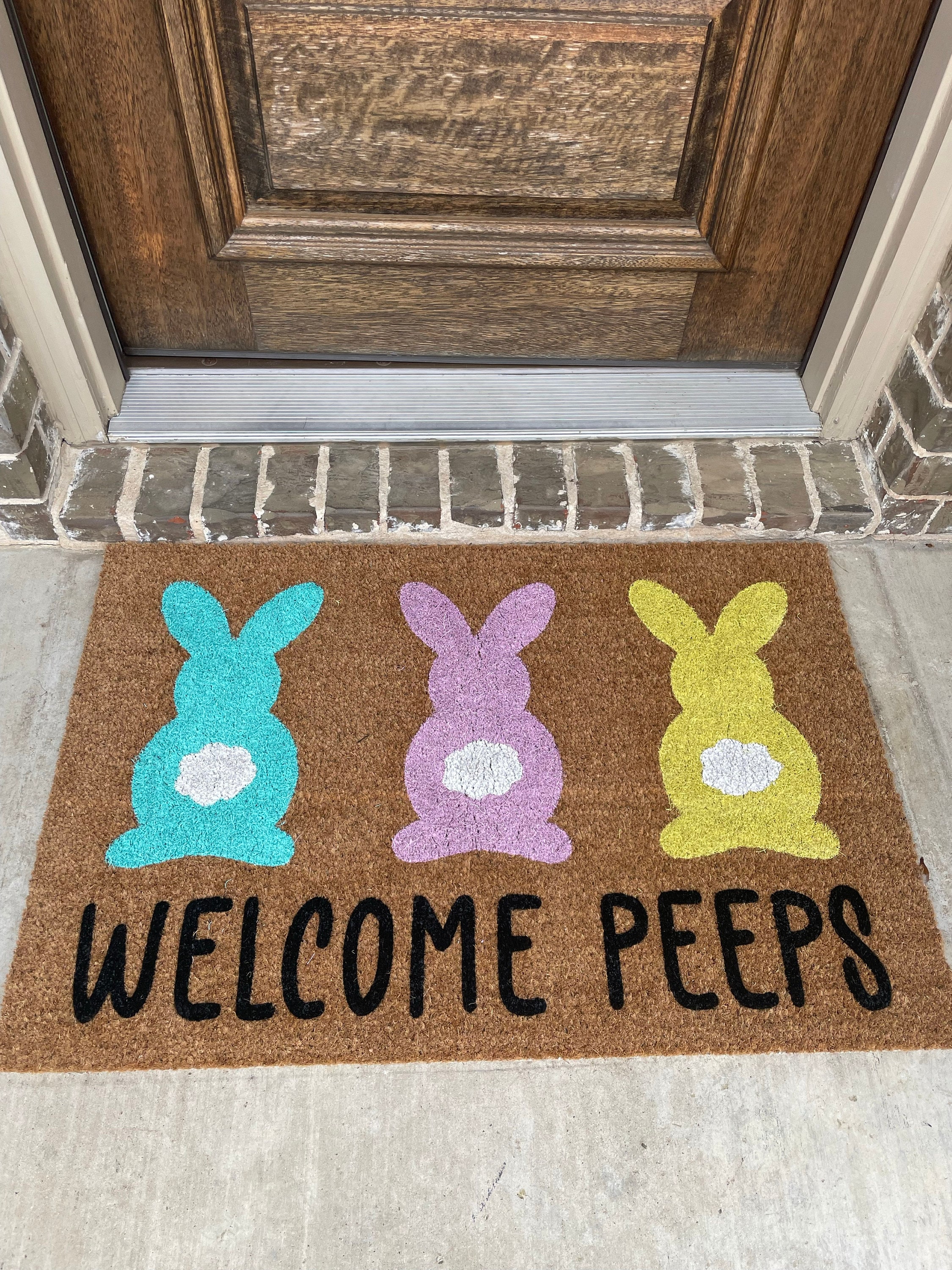 Welcome Peeps Easter Doormat | Cute Easter Bunny Front Doormat | Fun Colorful Pastel Spring Doormat | Personalized Custom Housewarming Gift
