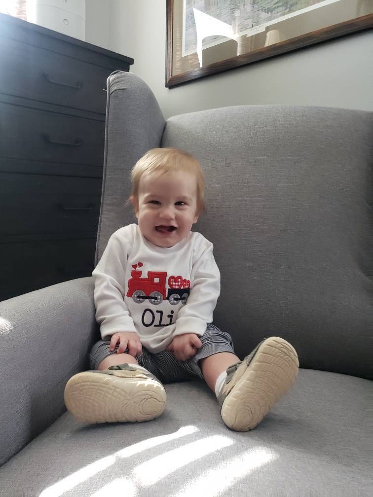 Valentine&#39;s Day Train Shirt - Toddler Boy Valentines Outfit - Personalized Train Hearts Applique Tee - Navy Corduroy Pants - Monogrammed